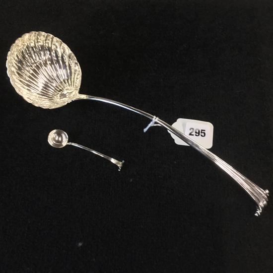 George III silver Onslow pattern soup ladle with shell bowl, London 1774, George Smith III & similar mustard spoon